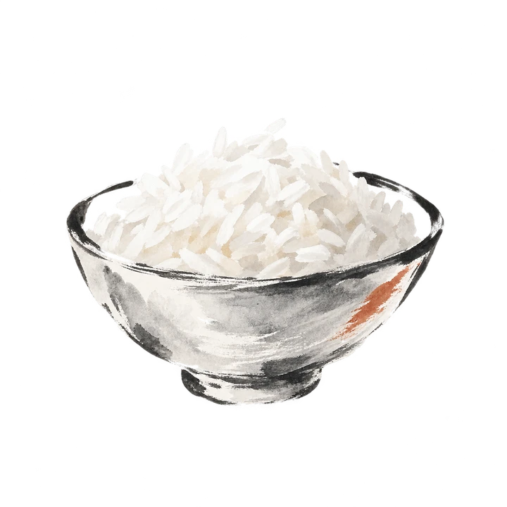 A bowl of rice expressed in sparse Japanese ink brushwork, from TapChi's Zen food collection.
